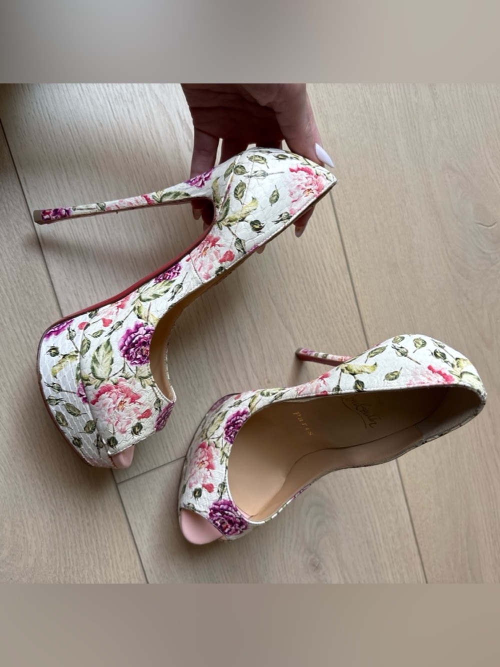 Christian Louboutin Women's Pink Floral Peep-Toe Stiletto Heels